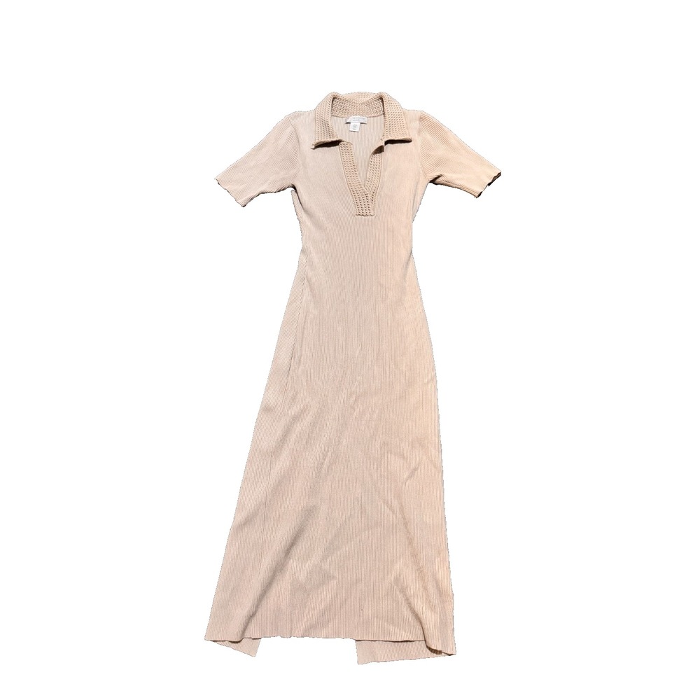 Caroline Constas Dress beige Medium Ribbed Knit Crochet long - EUC